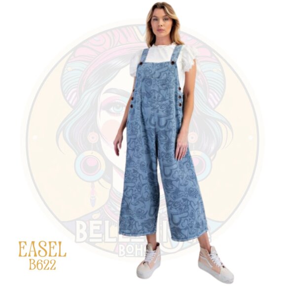 E622 EASEL Blue Heart Printed Cropped Overall Pants - Picture 1 of 2